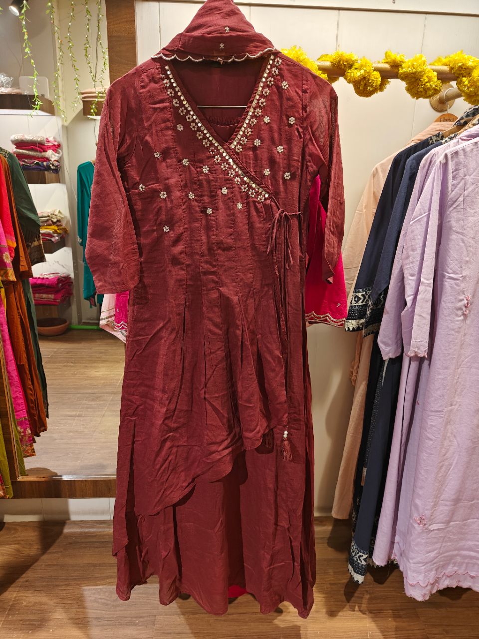 Maroon Chanderi Cotton Angrakha With Hand Nakashi And Detailed Mirror Moti Work view 5