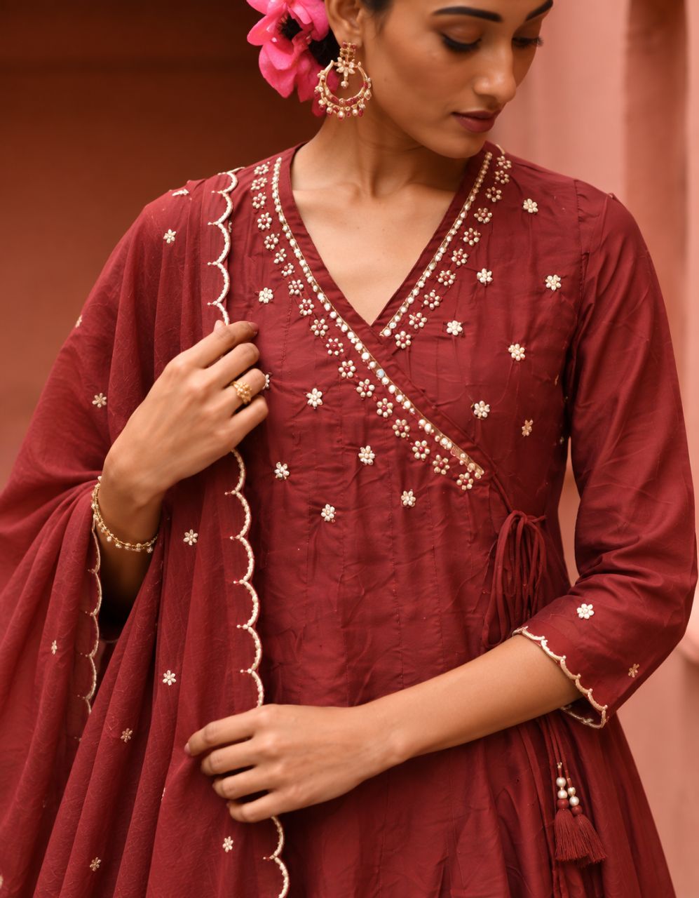 Maroon Chanderi Cotton Angrakha With Hand Nakashi And Detailed Mirror Moti Work view 3