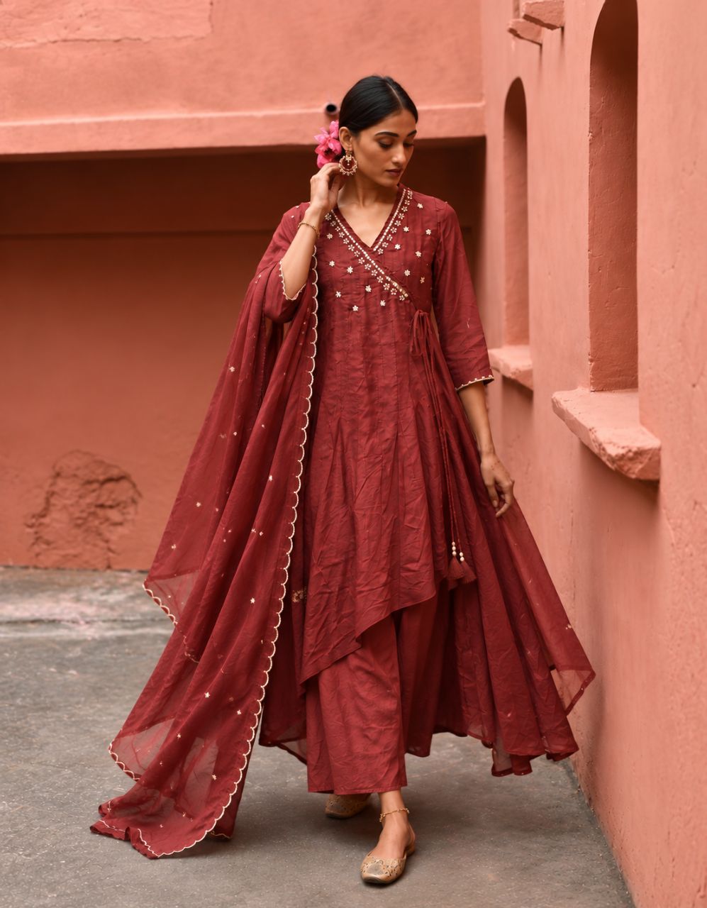 Maroon Chanderi Cotton Angrakha With Hand Nakashi And Detailed Mirror Moti Work view 2
