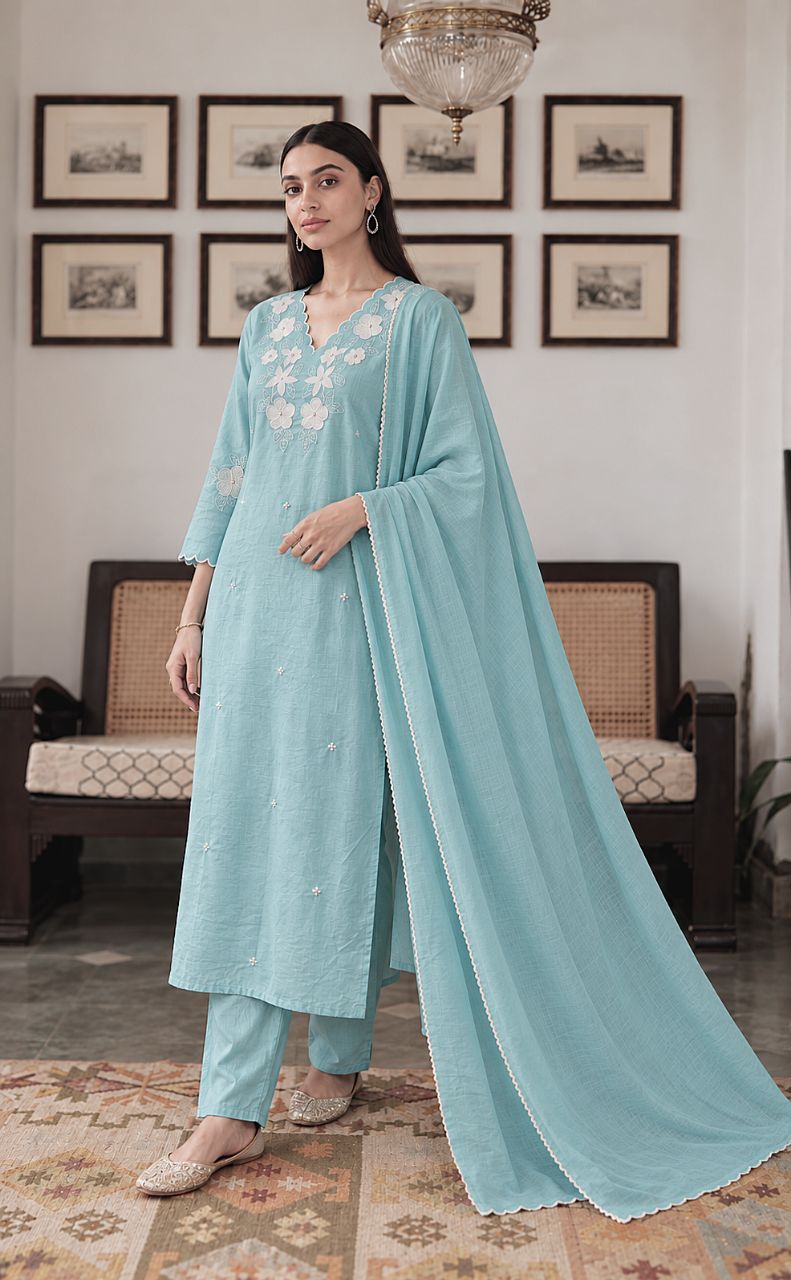 Pastel Blue Cotton Slub Kurta Set With White Floral Patch view 3