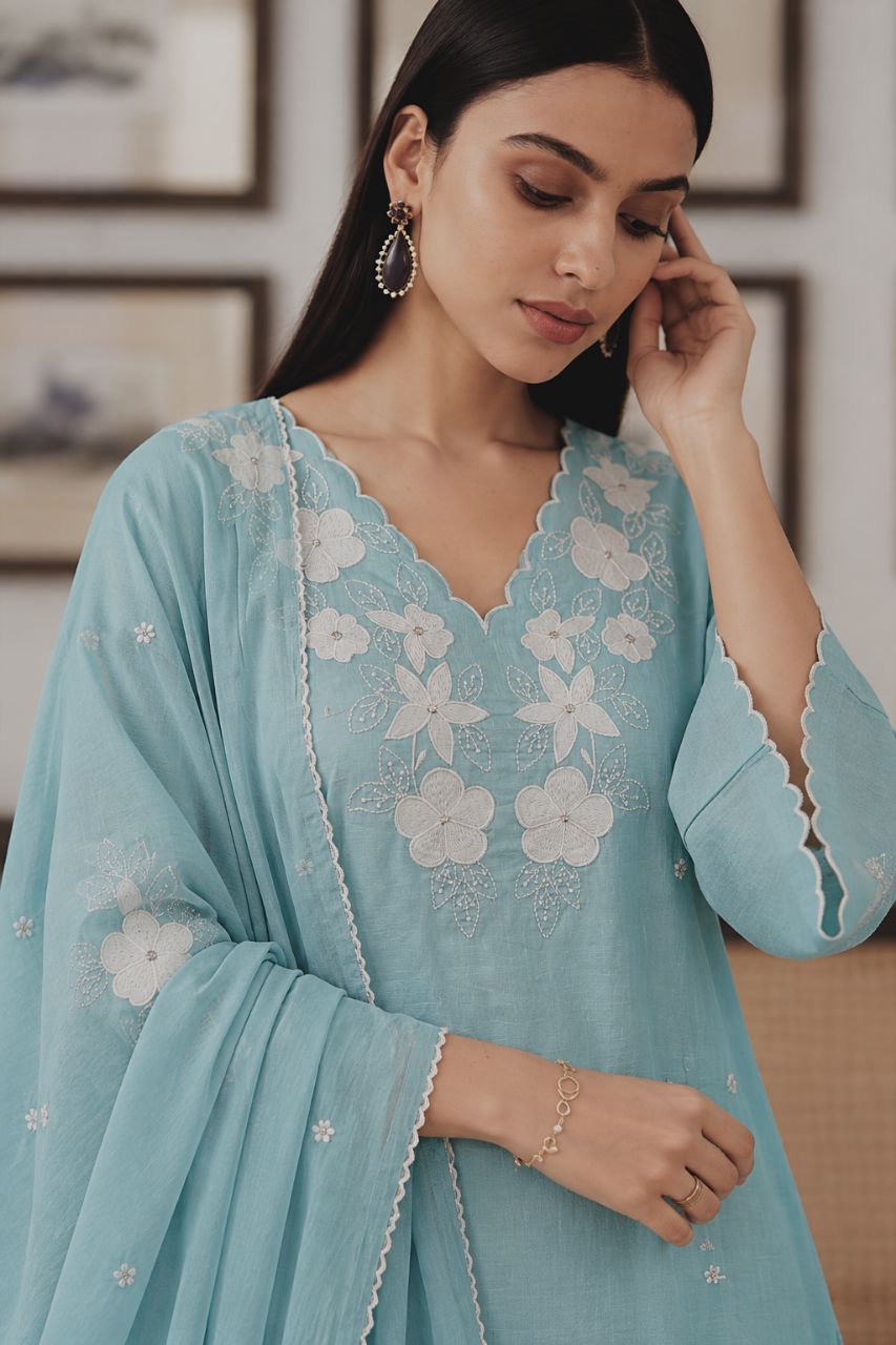 Pastel Blue Cotton Slub Kurta Set With White Floral Patch view 4