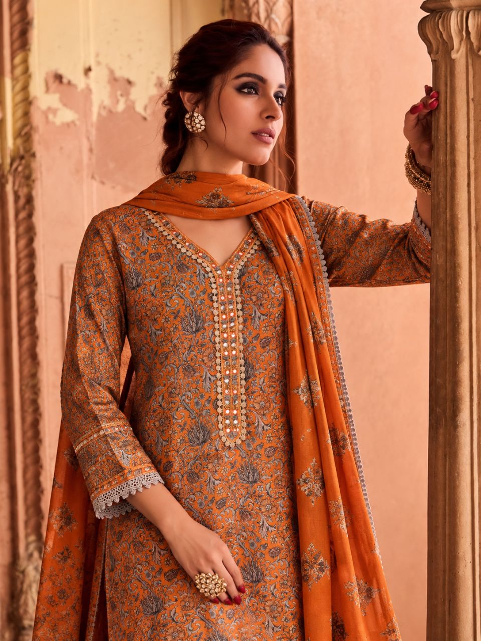 Burnt Orange Pure Muslin With Neckline Highlights view 2