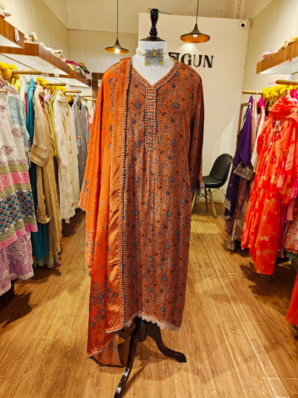 Burnt Orange Pure Muslin With Neckline Highlights view 4