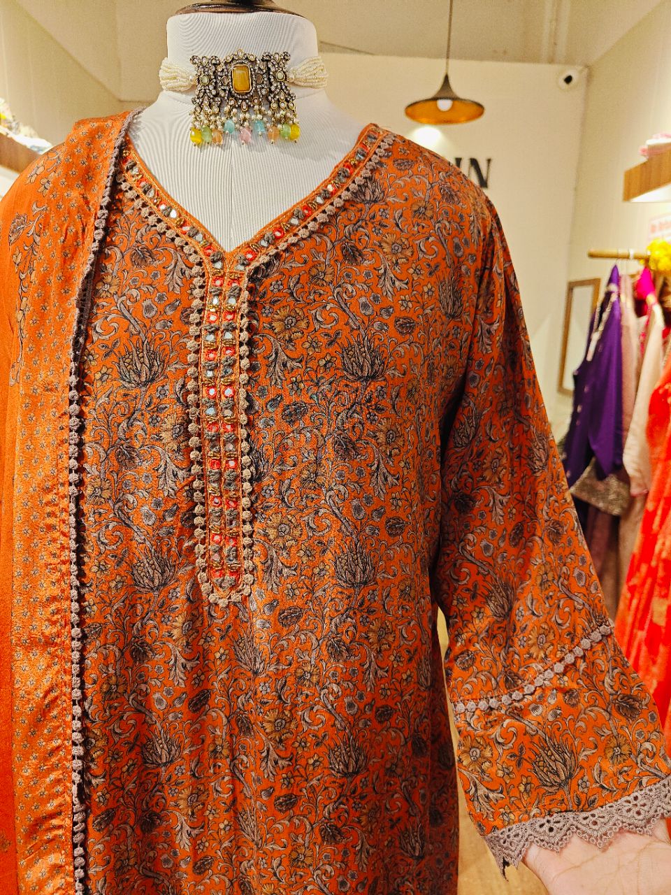 Burnt Orange Pure Muslin With Neckline Highlights view 6