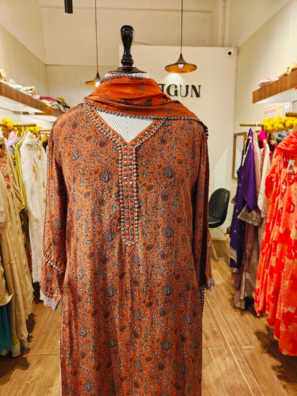 Burnt Orange Pure Muslin With Neckline Highlights view 5