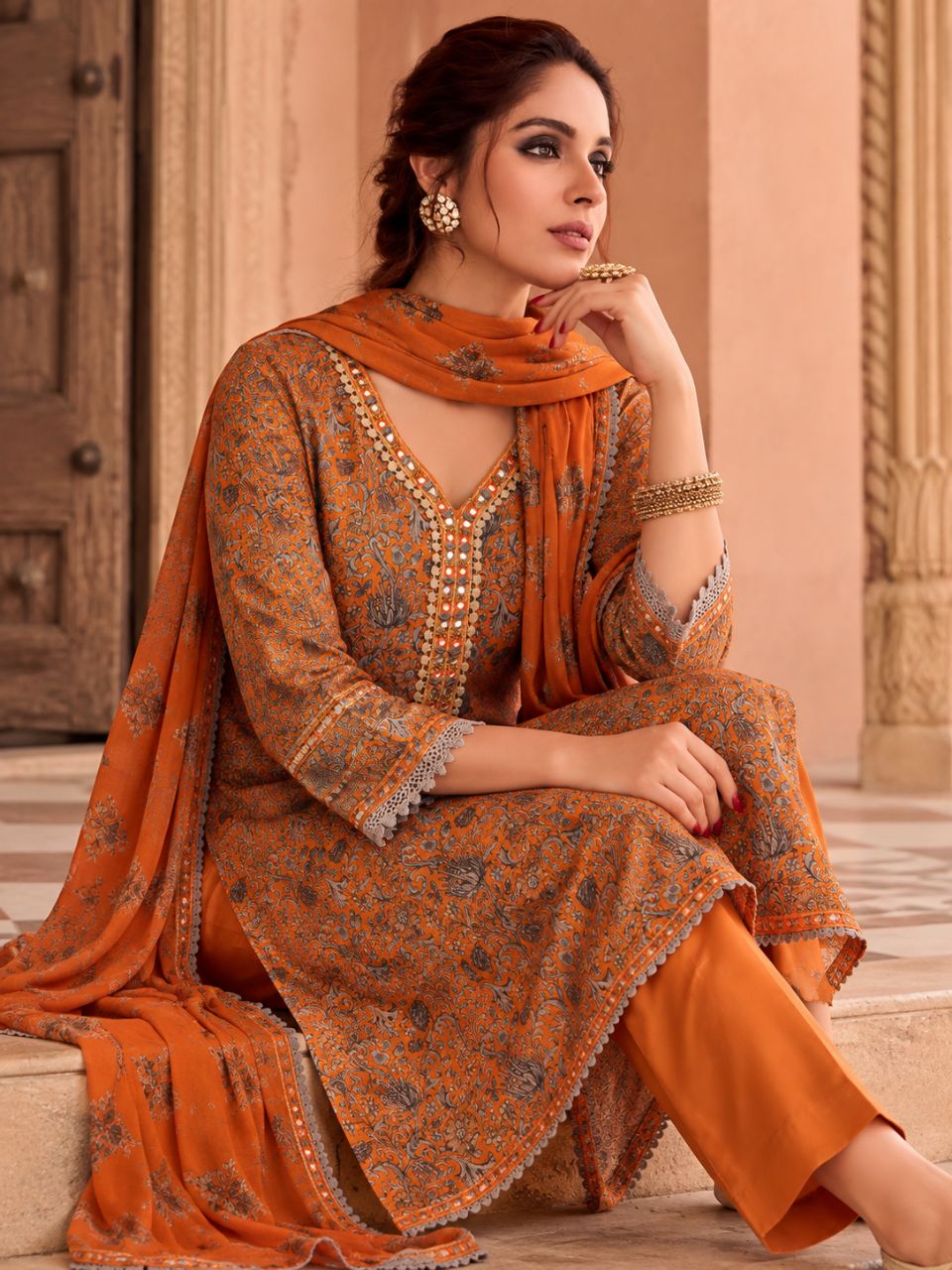 Burnt Orange Pure Muslin With Neckline Highlights view 3