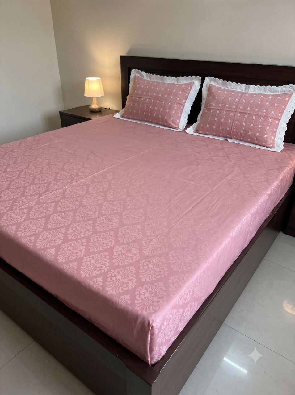 King Size Premium Self-Damask Jacquard Bedsheet with 2 Schiffli Embroidered With Chicken Lace Work Pillow Covers.