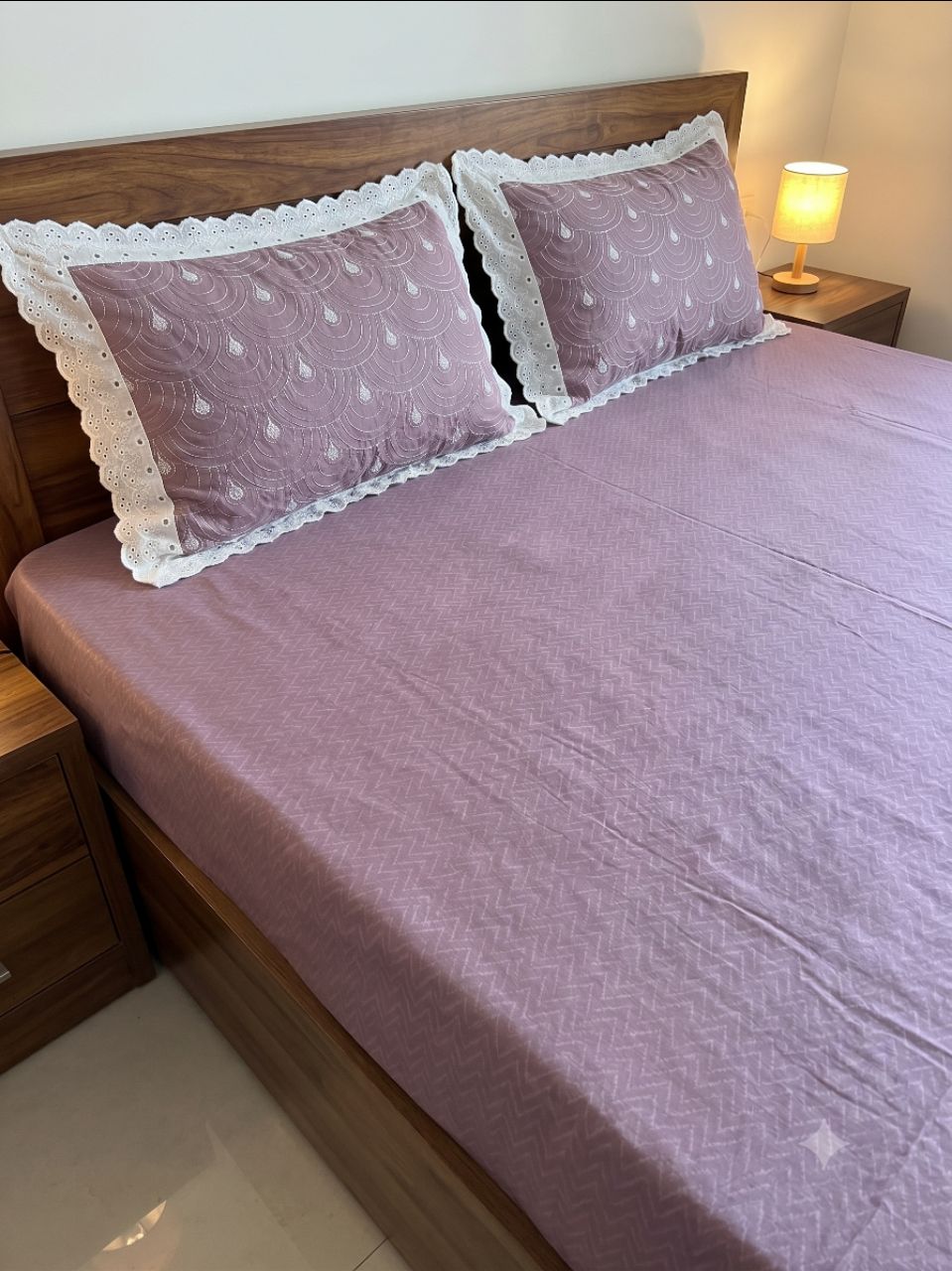 King Size Premium Self-Damask Jacquard Bedsheet with 2 Schiffli Embroidered With Chicken Lace Work  Pillow Covers. view 4