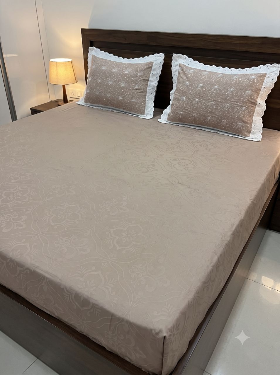 King Size Premium Self-Damask Jacquard Bedsheet with 2 Schiffli Embroidered With Chicken Lace Work  Pillow Covers. view 3