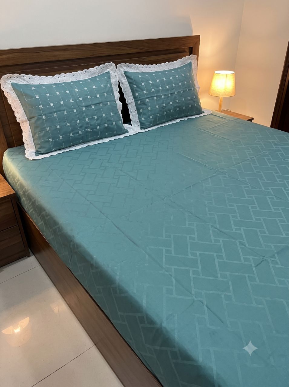 King Size Premium Self-Damask Jacquard Bedsheet with 2 Schiffli Embroidered With Chicken Lace Work  Pillow Covers. view 2