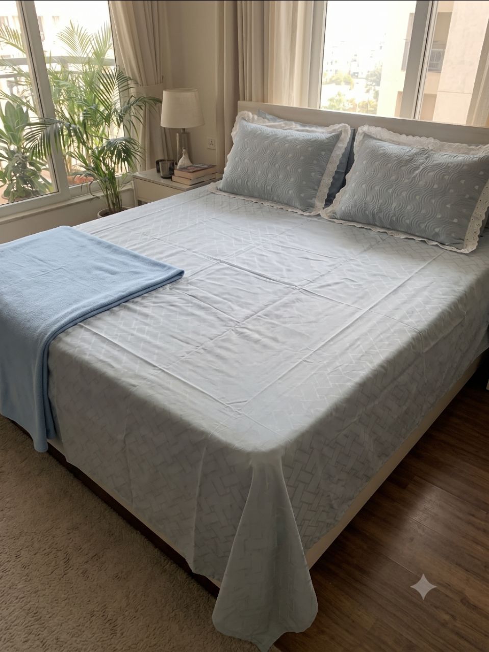 King Size Premium Self-Damask Jacquard Bedsheet with 2 Schiffli Embroidered With Chicken Lace Work  Pillow Covers. view 6