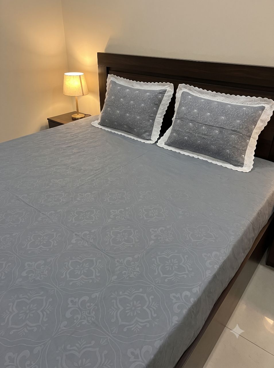 King Size Premium Self-Damask Jacquard Bedsheet with 2 Schiffli Embroidered With Chicken Lace Work  Pillow Covers. view 5