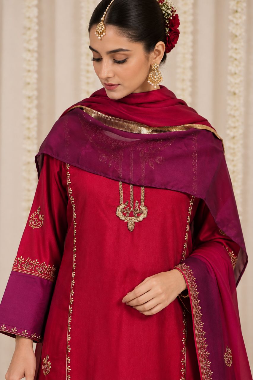 Deep Wine tissue silk Farshi with intricate handwork all over view 2