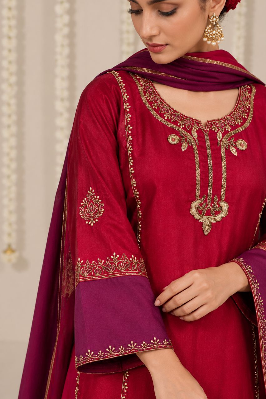 Deep Wine tissue silk Farshi with intricate handwork all over view 3