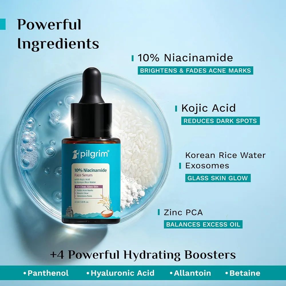 Pilgrim 10% Niacinamide Face Serum for Acne Marks & Glass Skin Glow - 
with Kojic Acid & Korean Rice Water, Fades Dark Spots, Boosts Glow, Minimizes Pores, Controls Excess Oil, Sensitive Skin Safe view 3