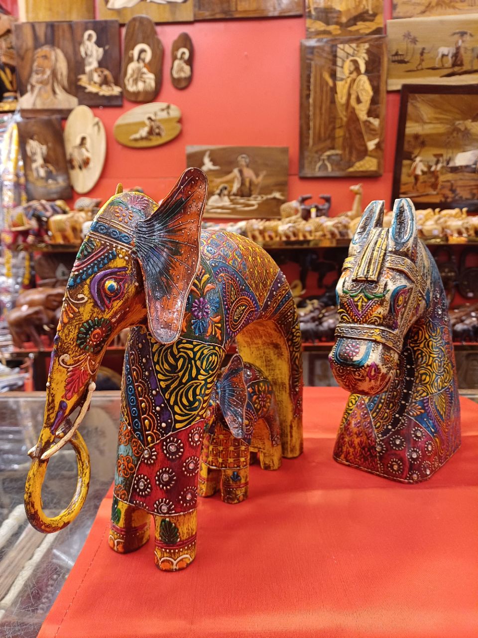 Vibrant Wooden Elephant and Horse Statues