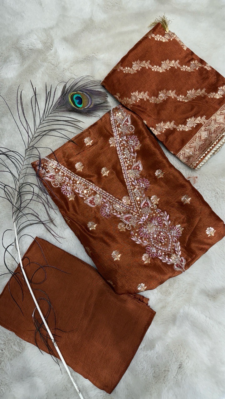 Embroidered Unstitched Silk Salwar Suit view 5