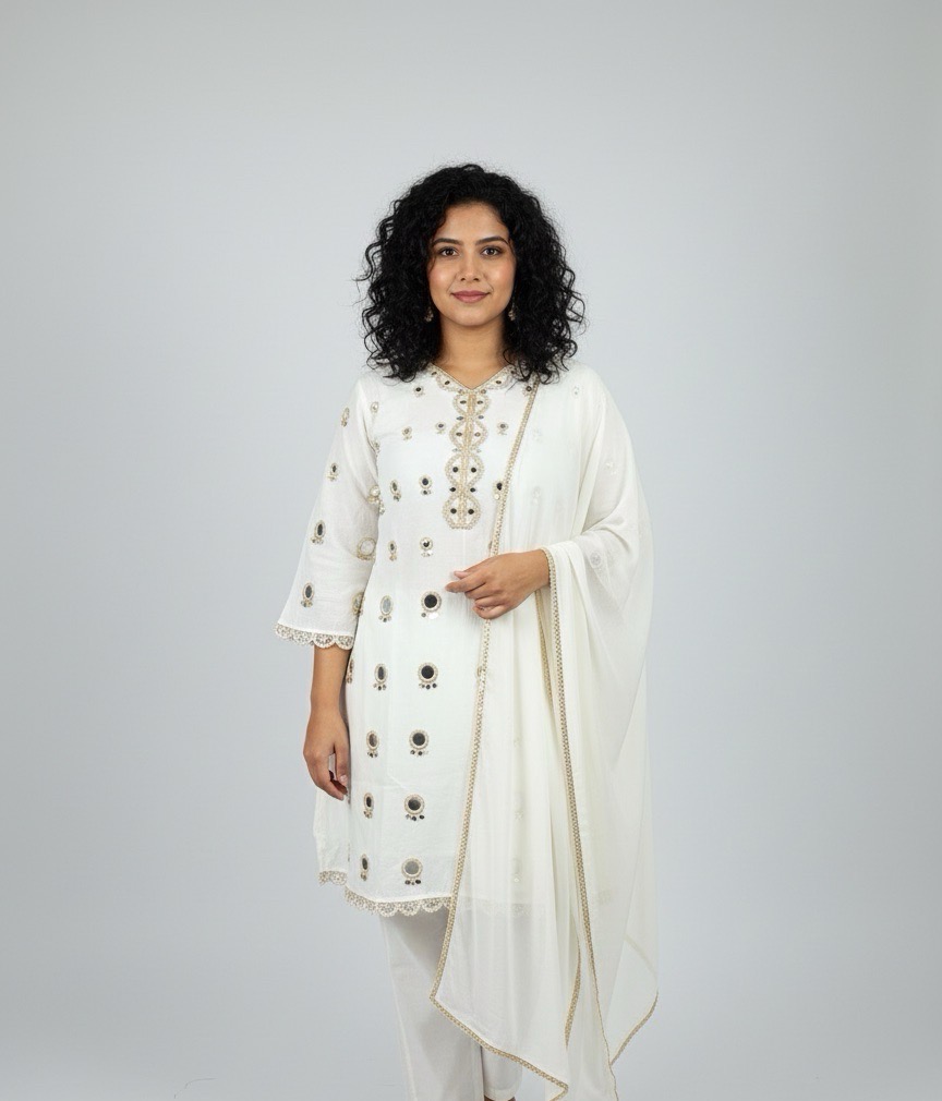 Embroidered White Kurti Set