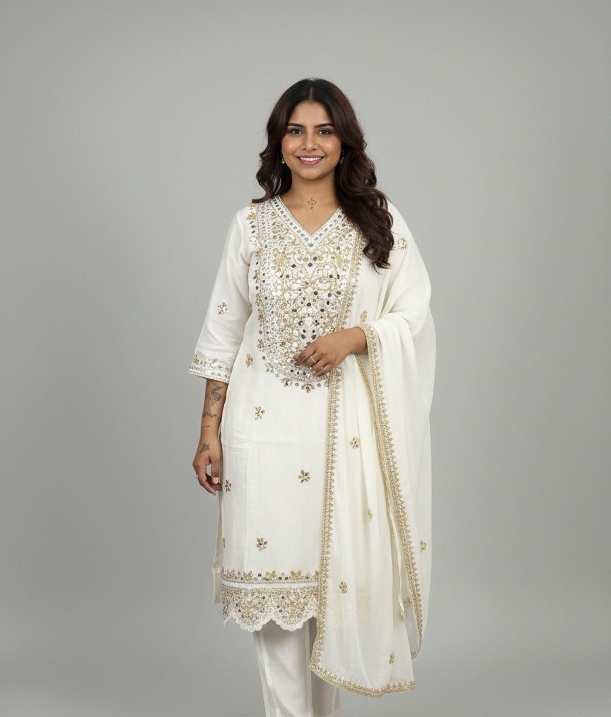 White Embellished Kurta Set