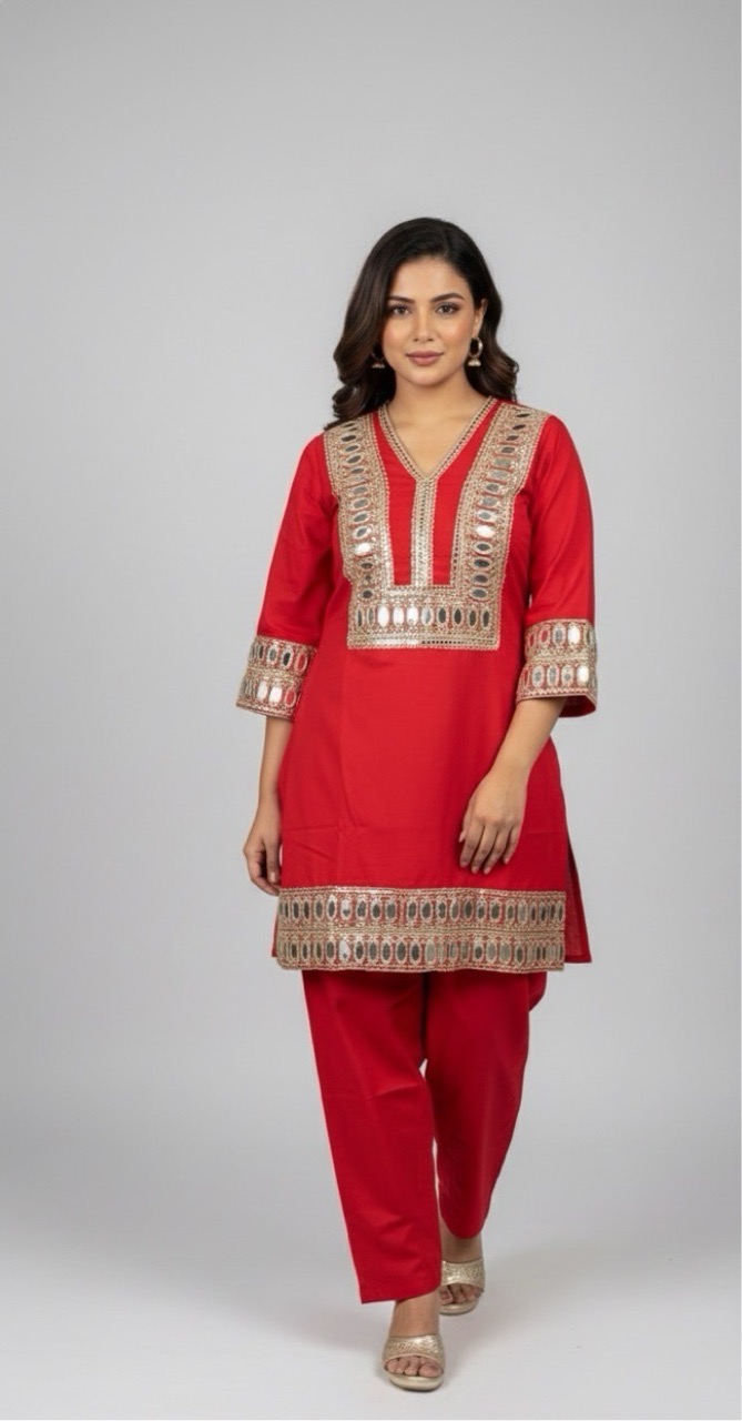 Red Embroidered Kurta Set