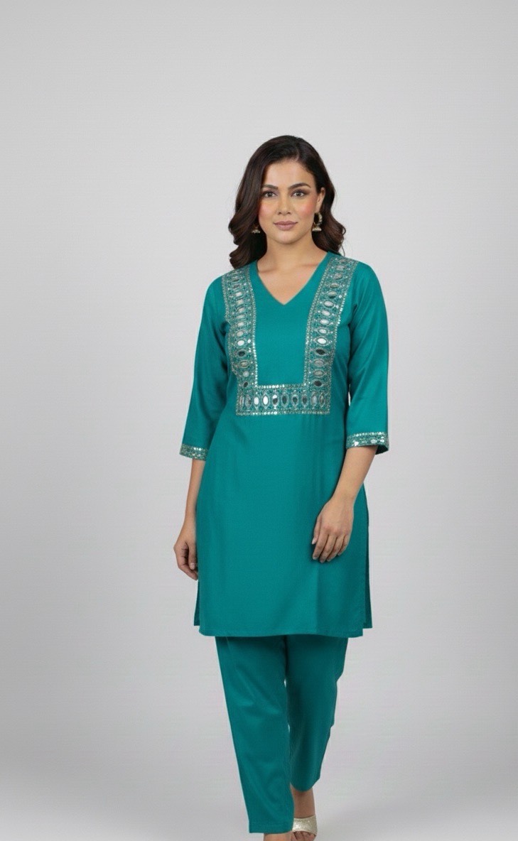 Teal Embellished Kurti Set