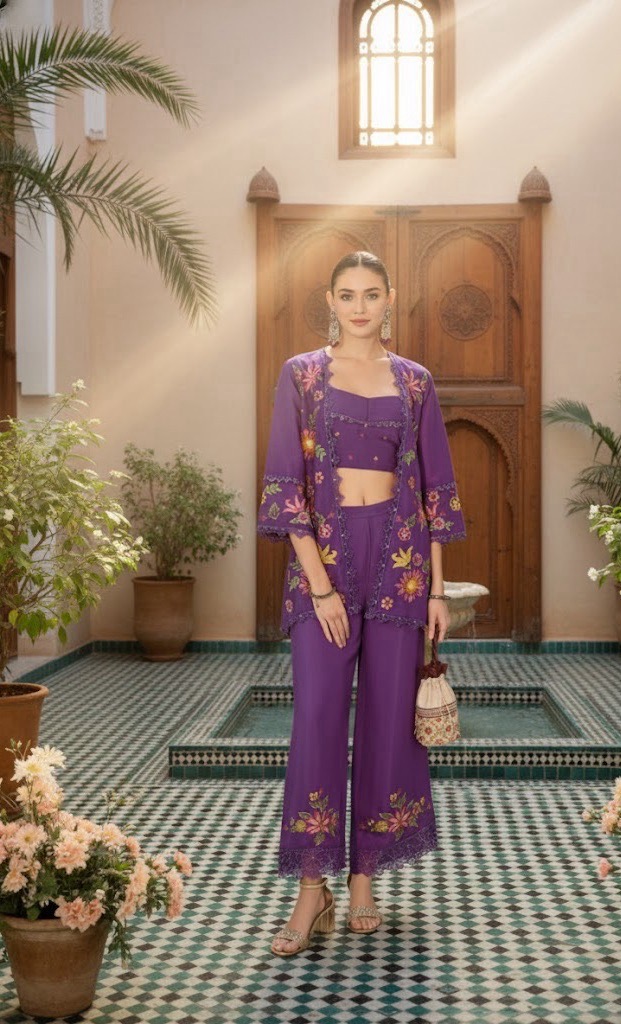 Purple Embroidered Pant Set
