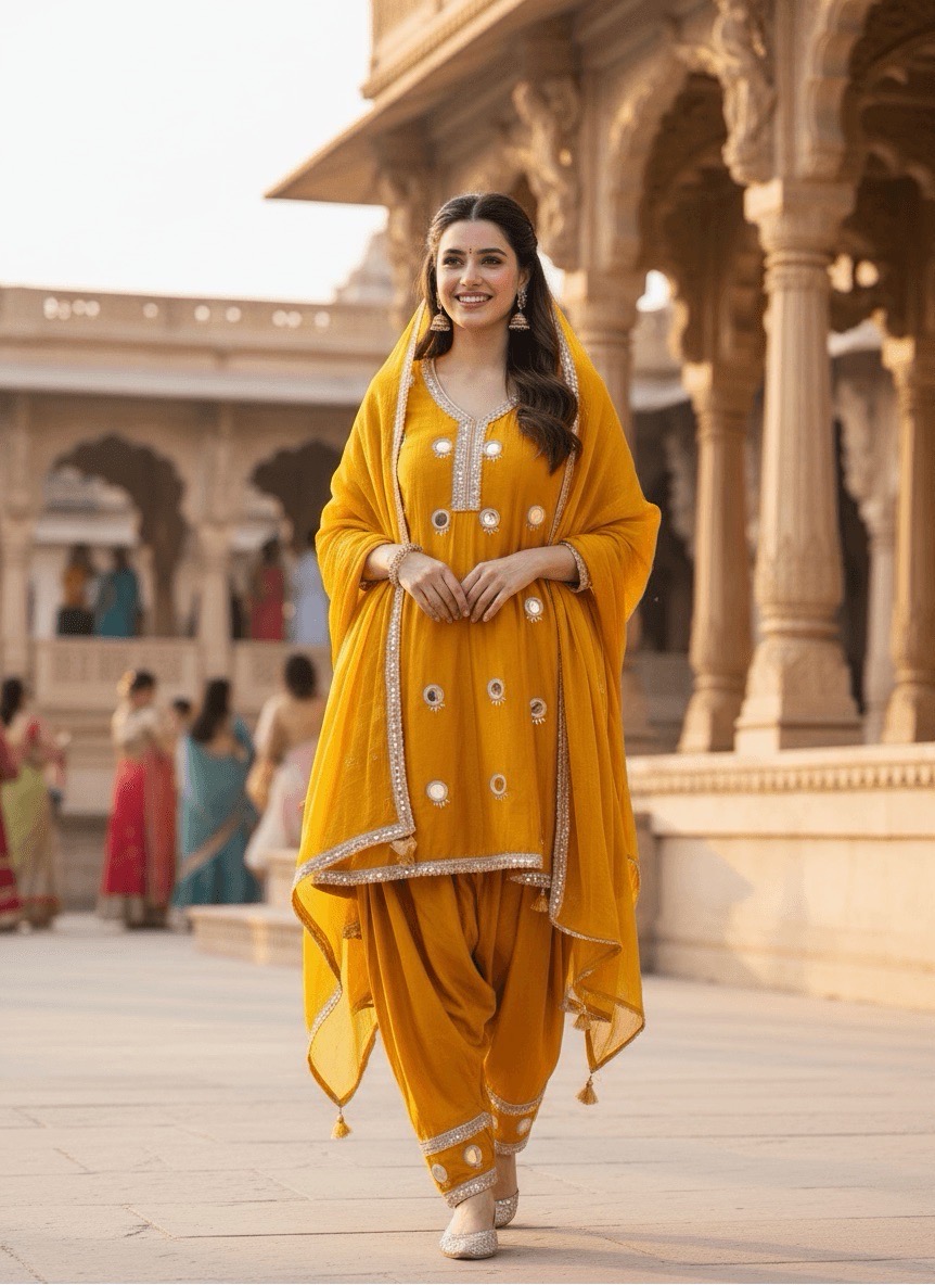Yellow Mirror Work Suit With Farsi Salwar
