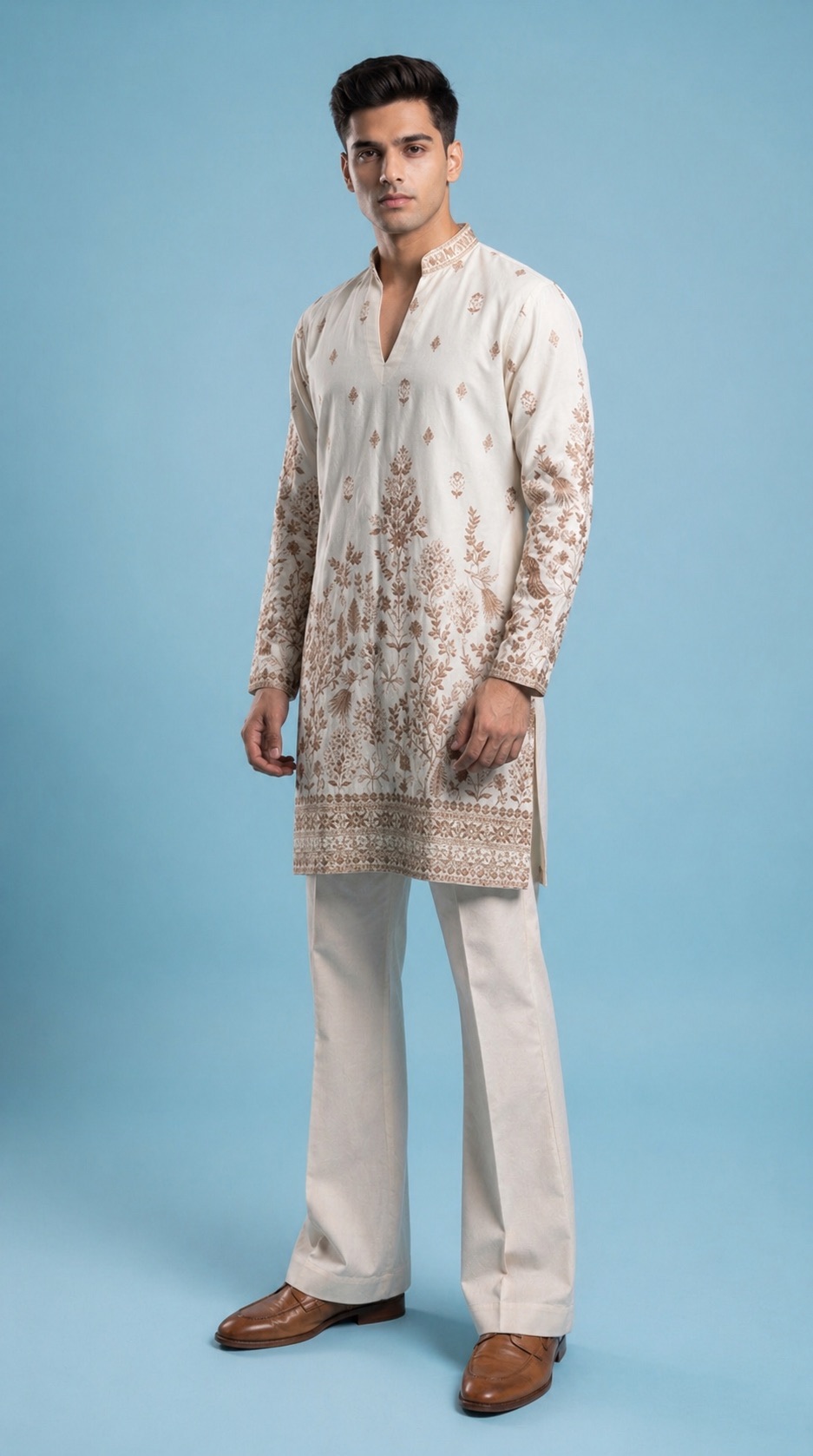 Ivory Embroidered Kurta Set with Tailored Flared Trousers