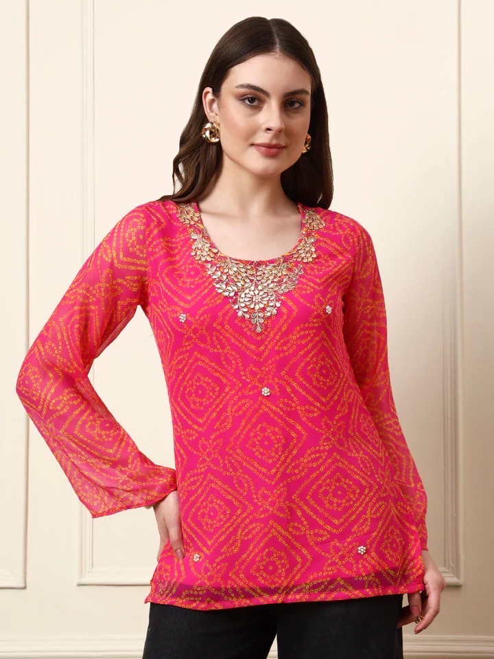 Pink Embroidered Georgette Short Kurti view 3