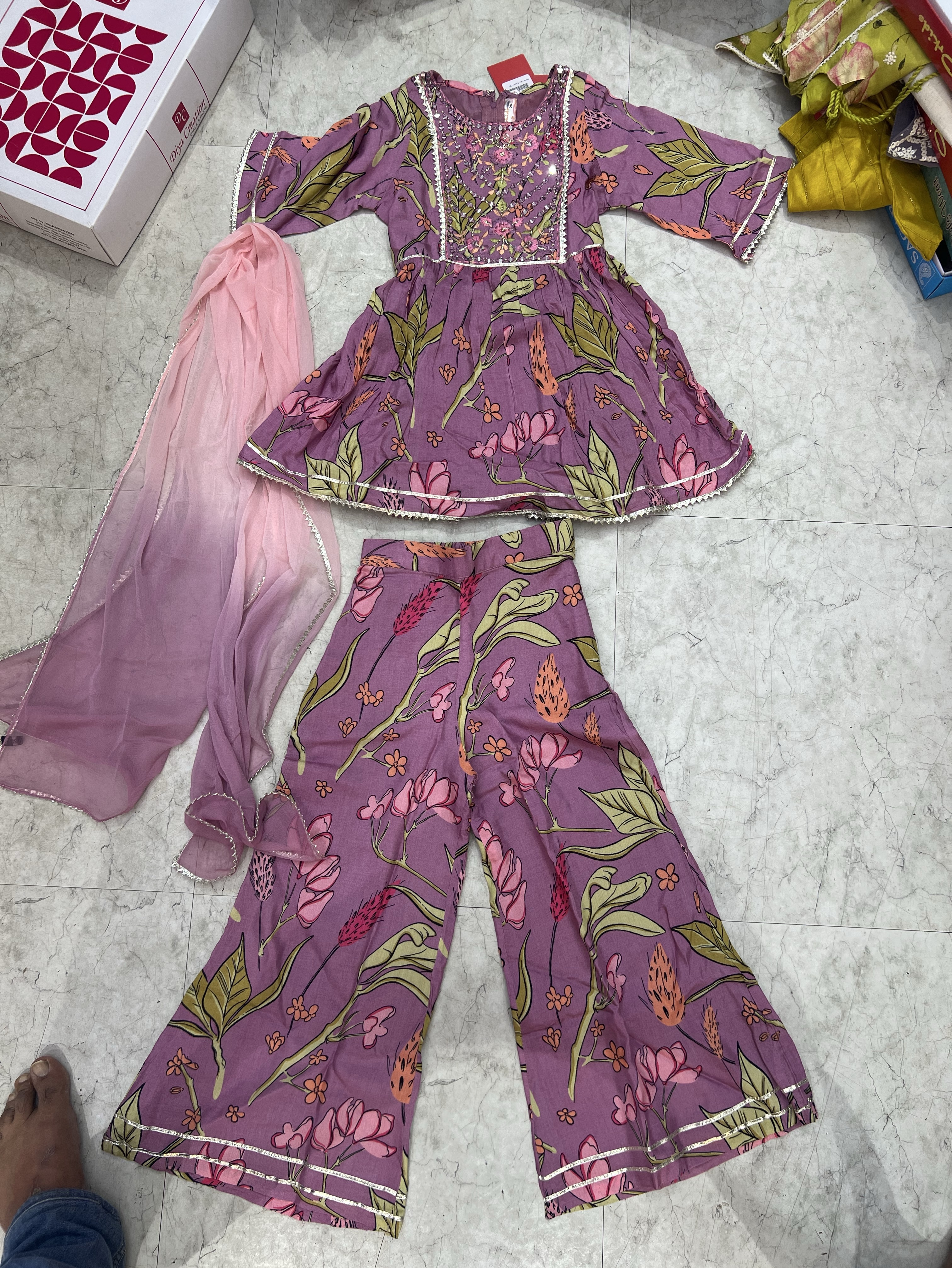 Pink Floral Girls Ethnic Wear Set view 2