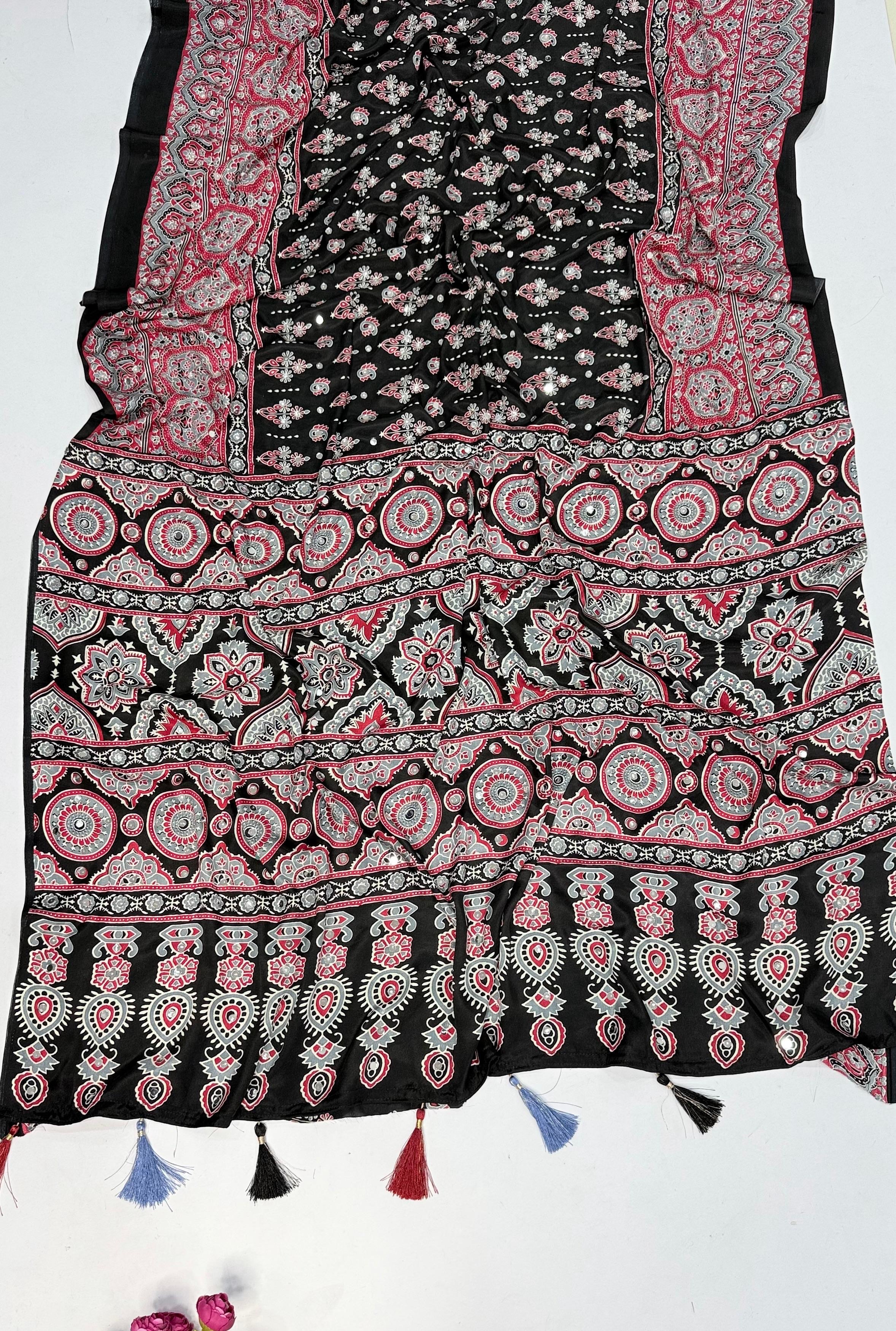 Ajrakh Black And Red Print Saree view 2