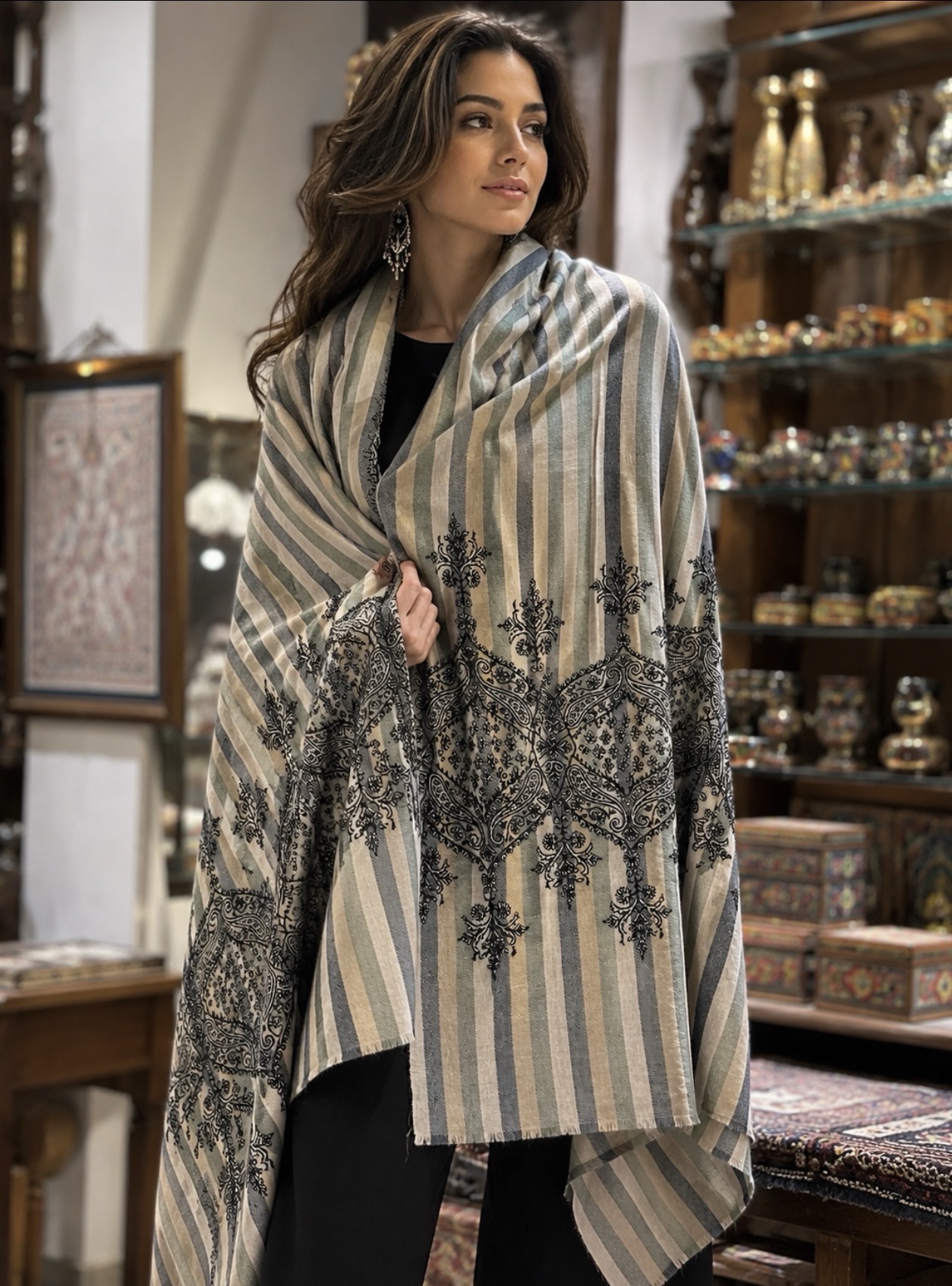 Embroidered Striped Shawl view 2