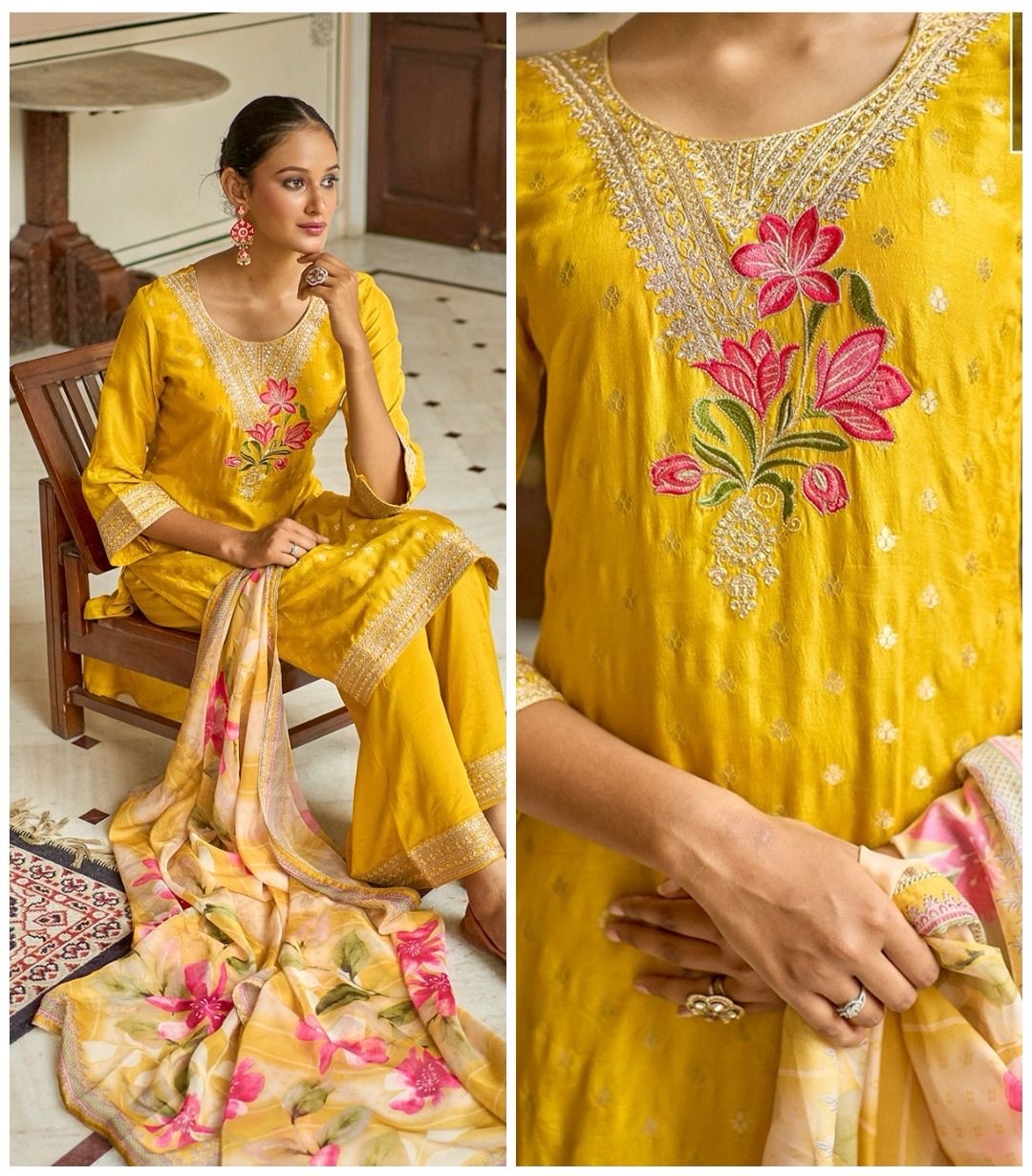 Yellow Zari Work Plazo Suit With Digital Printed Dupatta view 2