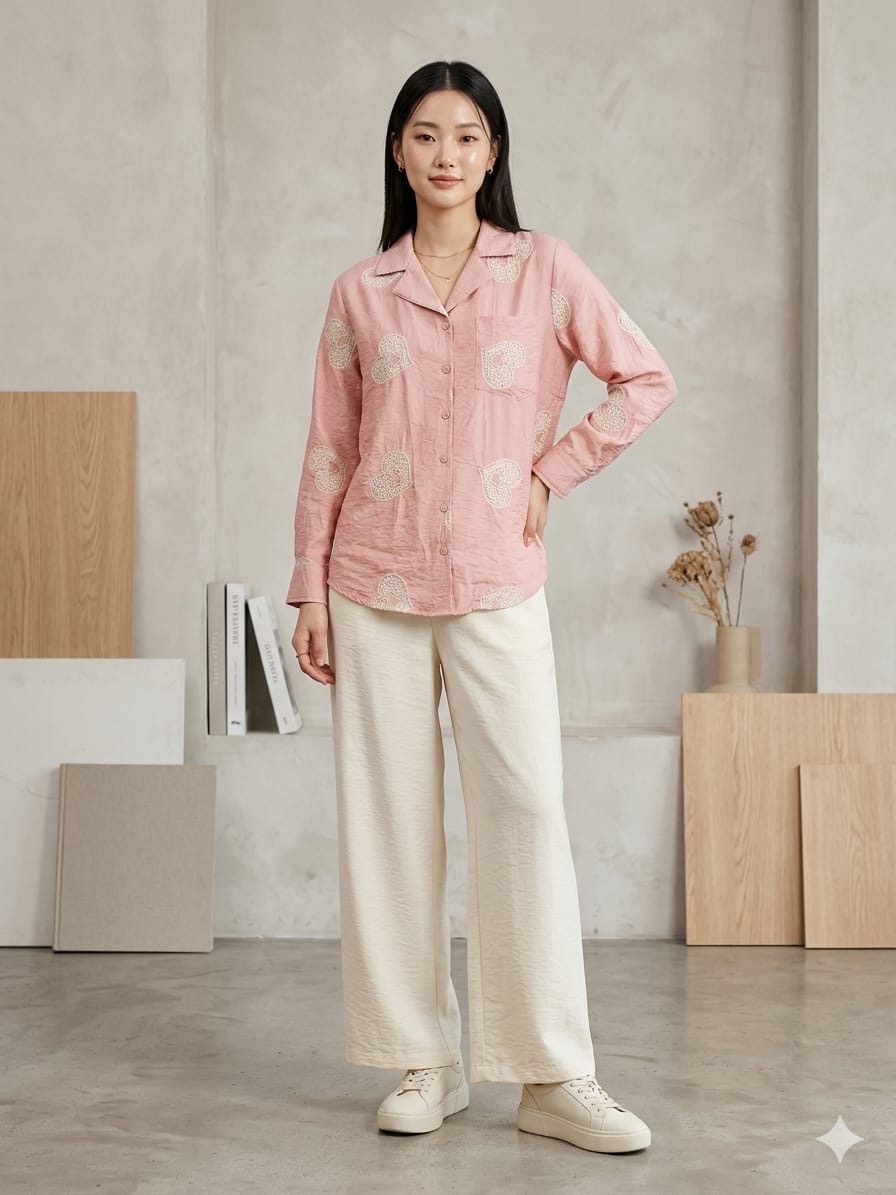 Heart Embroidery Button-Up Shirt