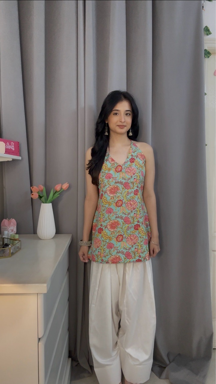 Mint Blue Corset Kurti with Farshi salvar