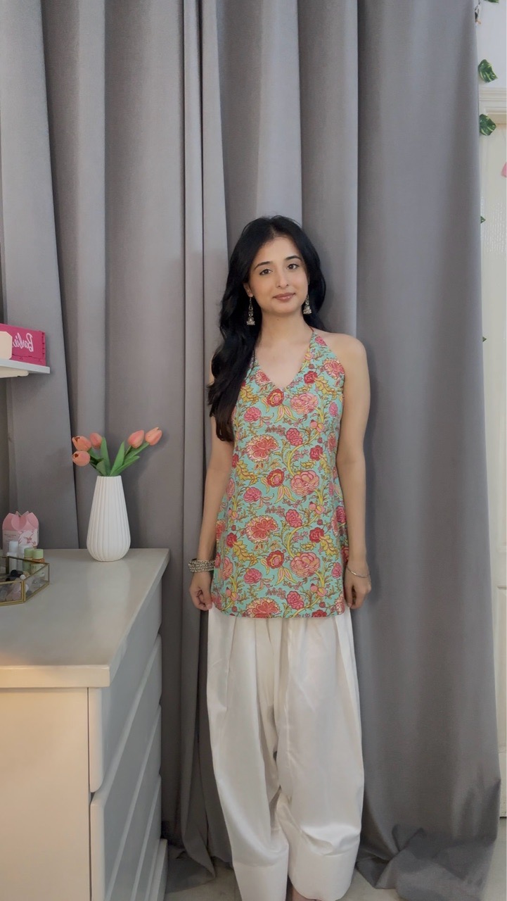 Mint Blue Corset Kurti with Farshi salvar view 3