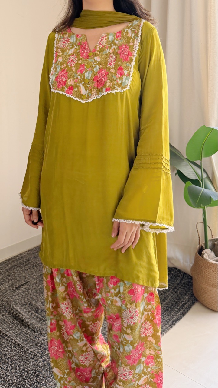 Olive Green Floral Farshi Salvar set view 5