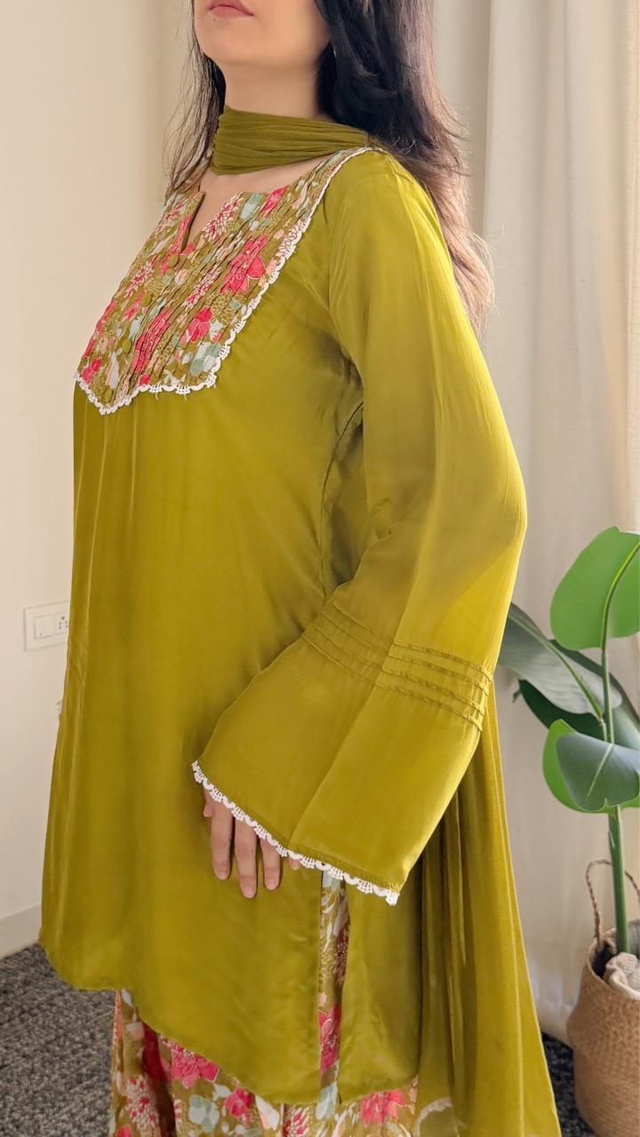 Olive Green Floral Farshi Salvar set view 3
