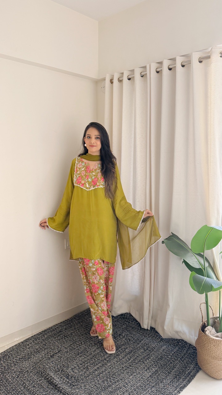 Olive Green Floral Farshi Salvar set view 6