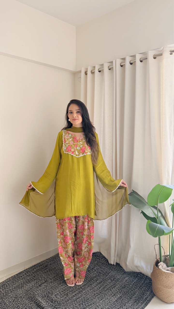 Olive Green Floral Farshi Salvar set view 2