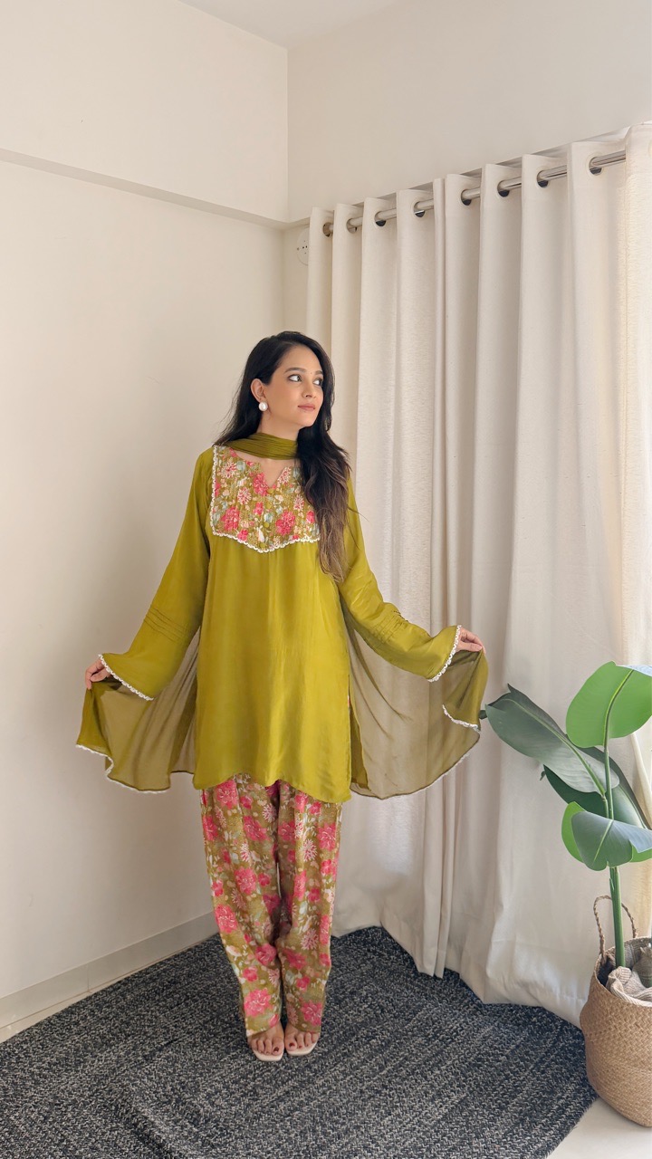 Olive Green Floral Farshi Salvar set view 4