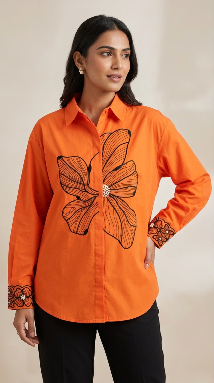 Floral Embroidered Pink Baggy Shirt view 3