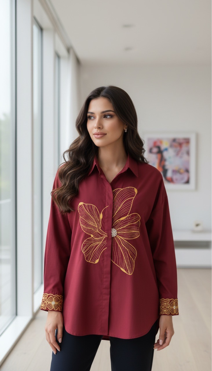 Floral Embroidered Pink Baggy Shirt view 4