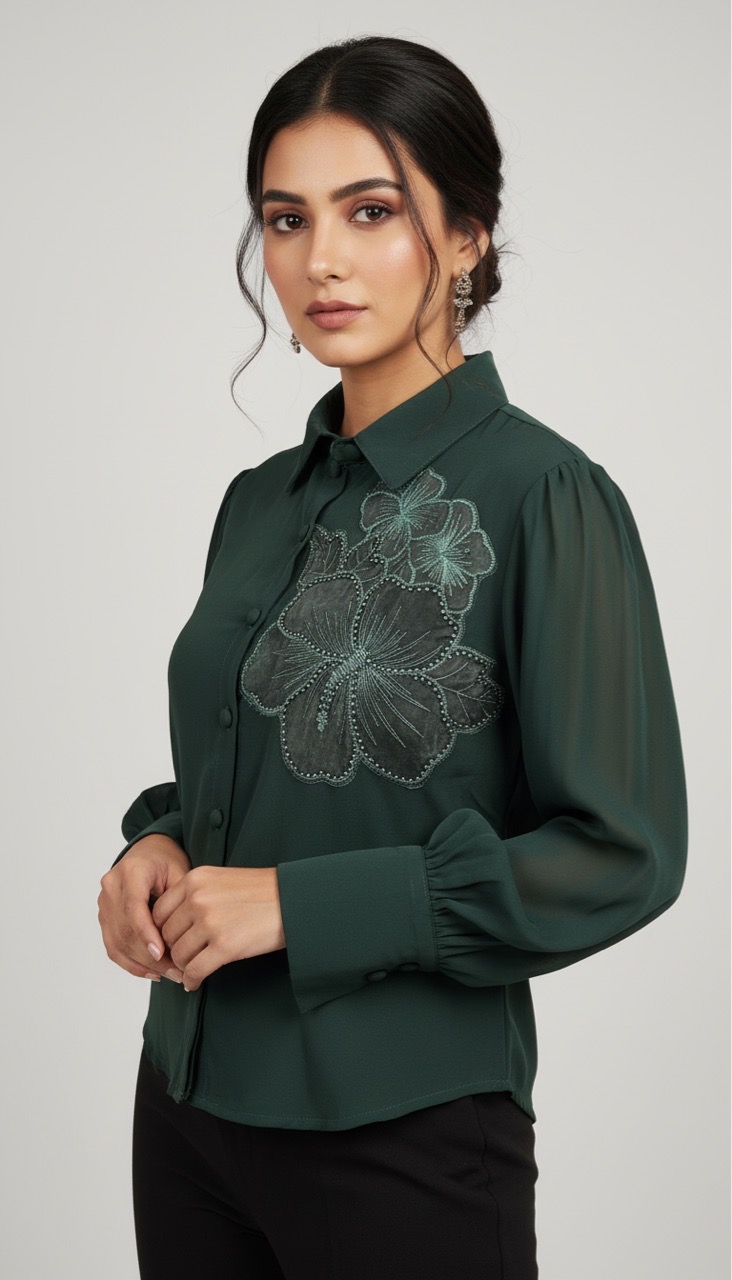 Flower Embroidery Pink Shirt view 3