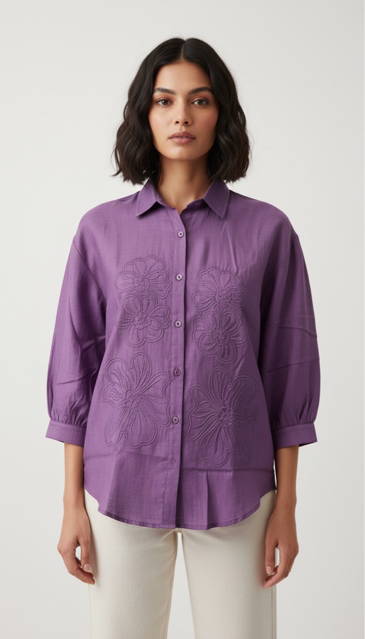 Embroidered Plum Shirt Flower Designe view 4