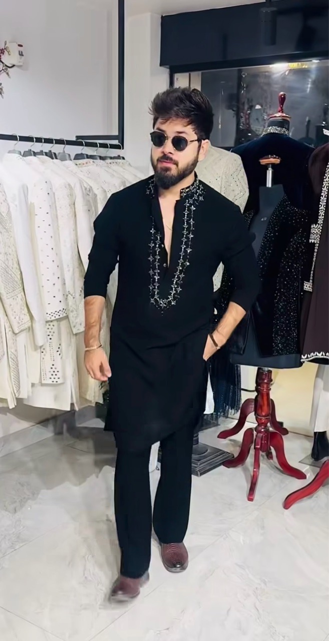 Japanese Fabric Black Kurta with Embroidery And Pants