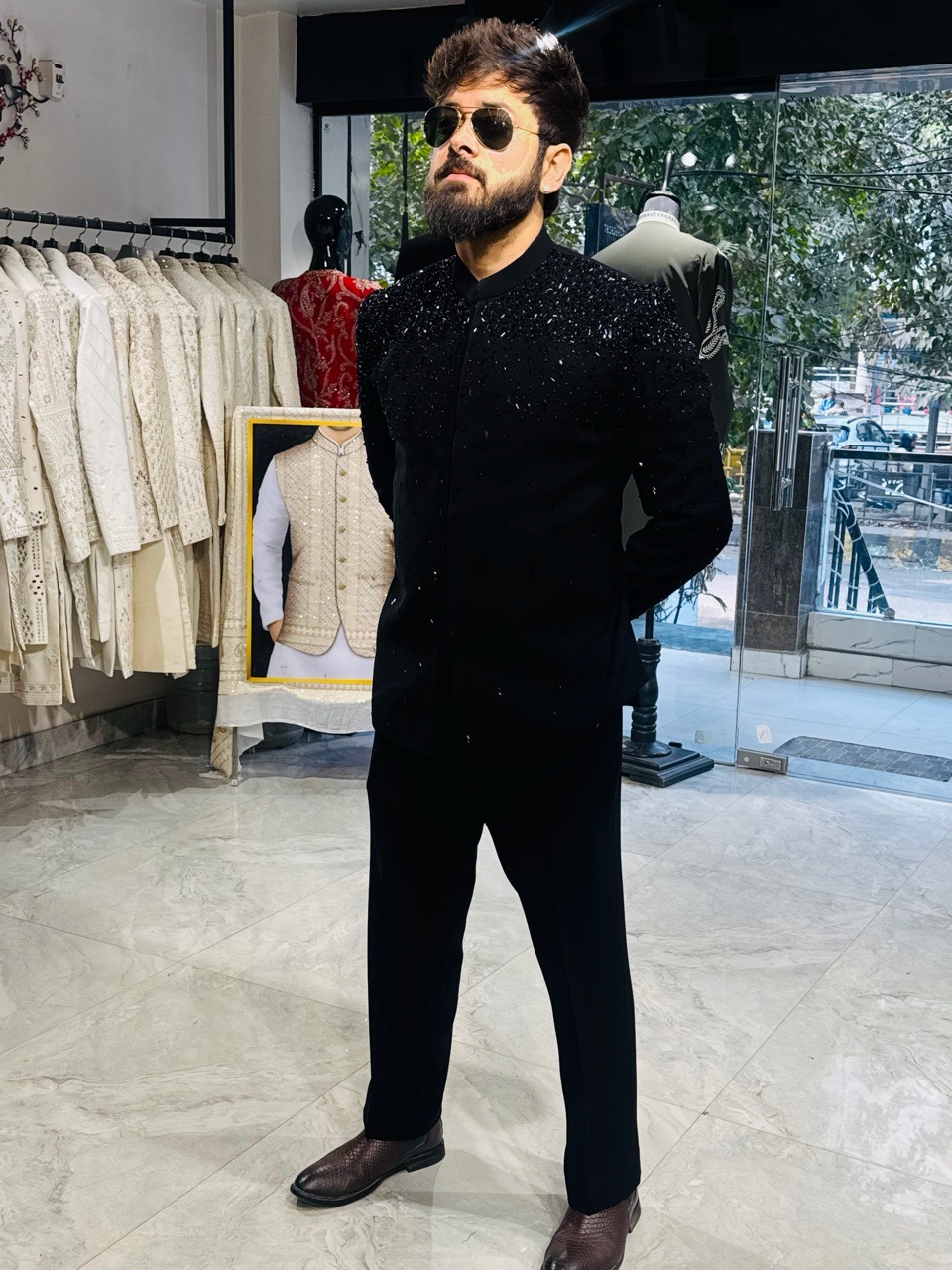 Bling In Black Jodhpuri Suit With Crystal Work view 3