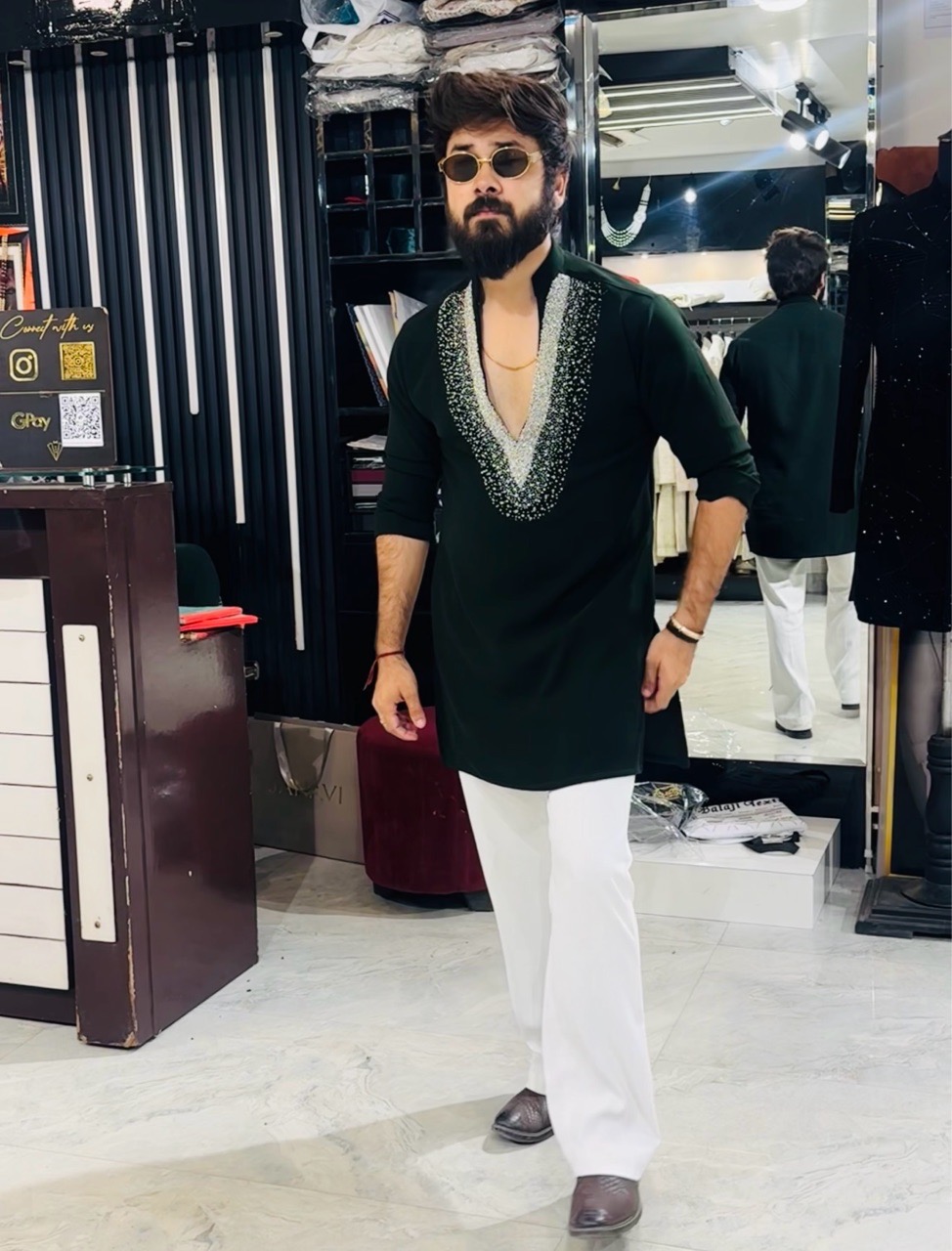 Embellished V Neck Green Kurta + Off White Japanese Pants view 3