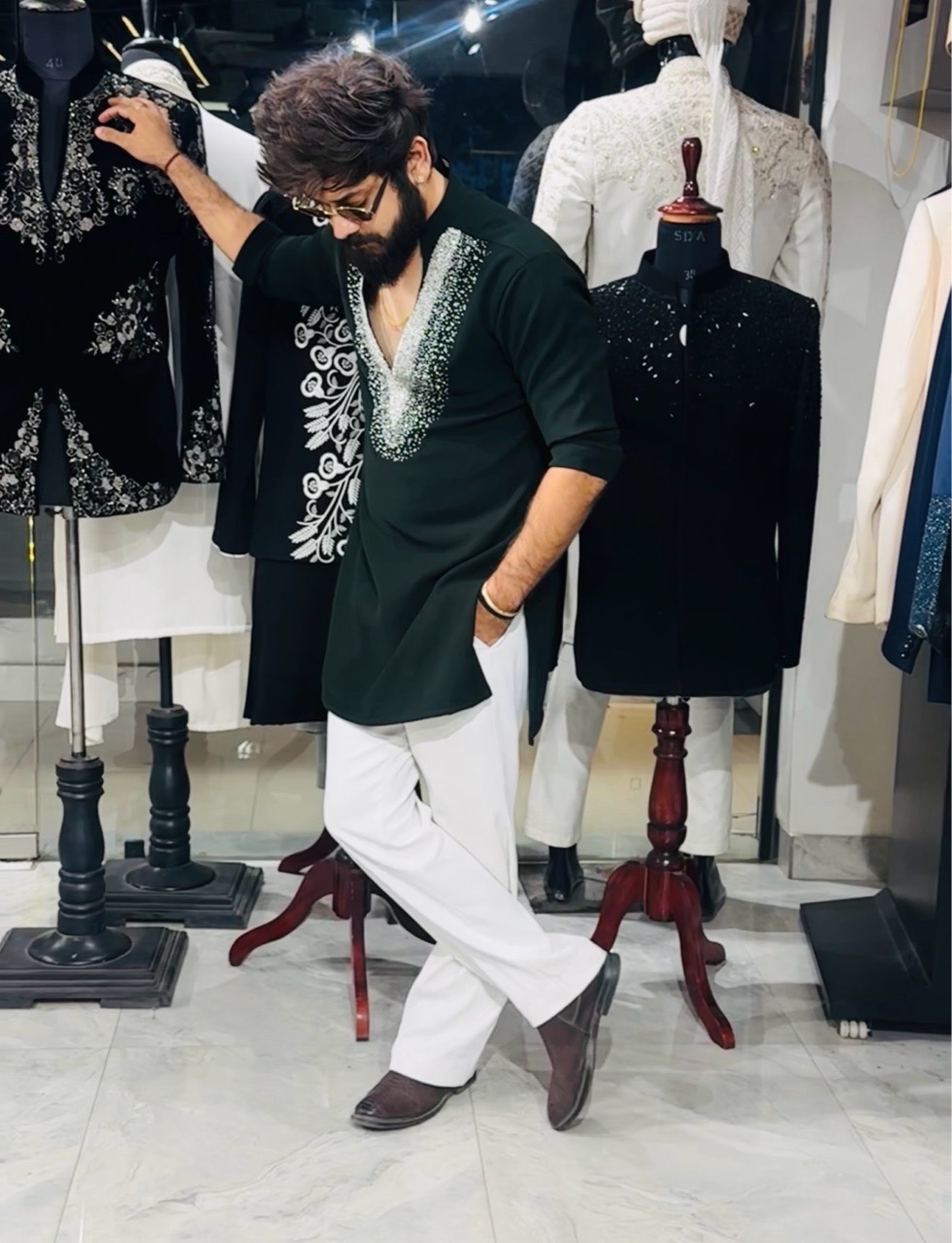 Embellished V Neck Green Kurta + Off White Japanese Pants