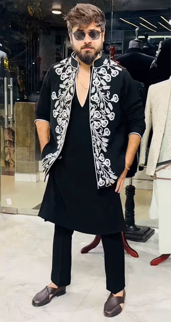 Machine Work Jawahar Cut + VNeck Pipin Kurta + Pant view 3